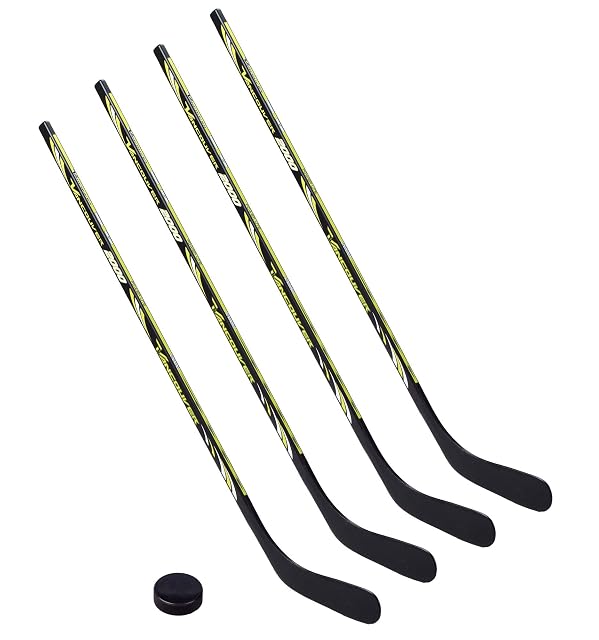 Vancouver 2000 set of four children’s hockey sticks in black and lime green with a puck