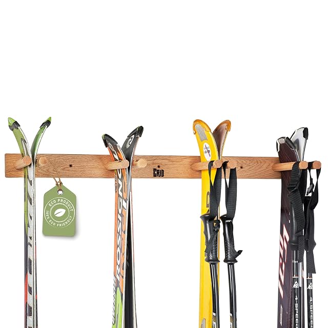 CRID oak ski wall rack holding four pairs of skis