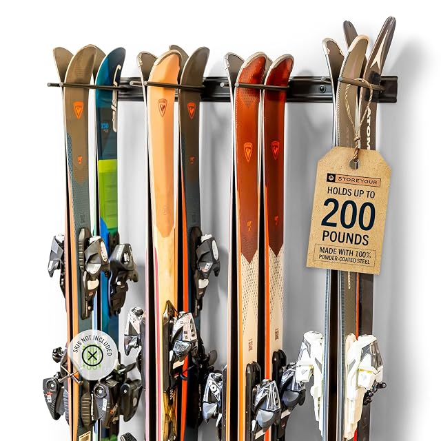 StoreYourBoard black steel ski wall rack for eight pairs