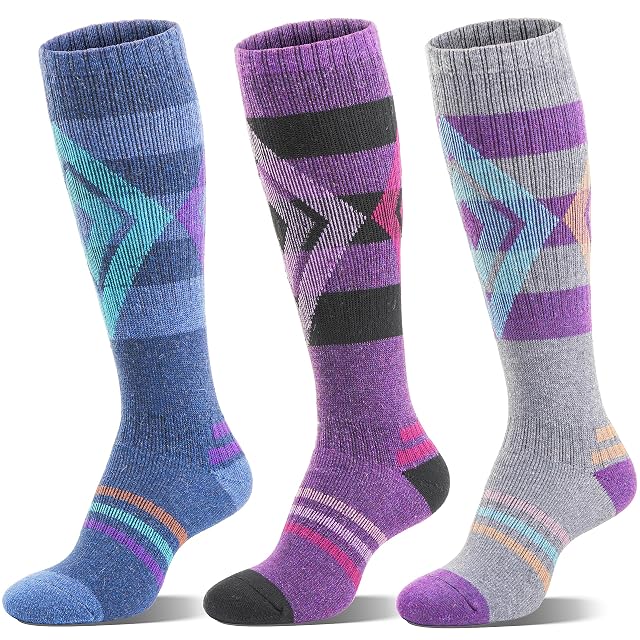 Welwoos merino ski socks in blue, purple and grey, three pairs
